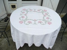 Antique Vintage Linen Embroidered Flower Tablecloth in Colors