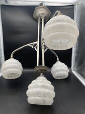 Antique Art Deco Glass and Silver Metal Chandelier 3 Branches, 4 Globes