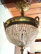 RARE ANCIEN GRAND LUSTRE  SUSPENSION EMPIRE BRONZE ET PAMPILLES EN BEL ETAT