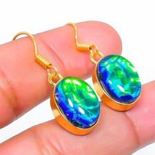 Boucle d'oreille verte triplette opale pierre précieuse argent 925 plaqué or ...