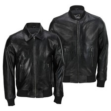 Hommes Noir Cuir Véritable Souple Col Vintage Bomber Style Motard Jacket Tout