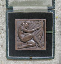 Art Deco bronze plaque by MARCEL RENARD, Nude Woman with Harp, 54 mm w/case