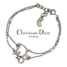 RARE Christian Dior Logo Bracelet Silver Rhinestone Charm Vintage Auth