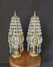Antique Vintage Pair French Brass Crystals Empire style Table Lamps bedside 