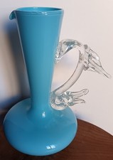 Ancien joli vase bleu aiguière verre soufflé et opaline  CA14