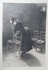 Jean BÉRAUD (1849-1935) GRAVURE XIX° PORTRAIT FEMME ROBE PRIERE RELIGION 1883