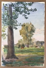 Original Watercolor René THÉRY (1870-1960) Landscape Trees Prairie Horses