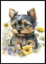 YORKSHIRE TERRIER CUTE PUPPY DOG & FLOWERS GREETINGS NOTE CARD