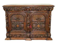 Antique Buffet, French Relief, Carved Oak, 2 doors Bas, Lions Heads, 1800s