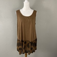 Chalet et Ceci Knit Sleeveless Top L Brown Print Hem Crinkle Knit Art to Wear