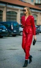 Real Soft Lambskin Leather Women Jumpsuit Winter Red Classy Party Fashionable