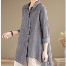 Femme Décontracté Asymétrique Chemisier Long Ample Bouton Ethnique Haut Rétro