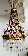 Refined Italian chandelier, Murano, circa 1940. FLOWER ? PORCELAIN CRYSTAL TASSEL 