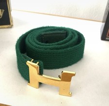 Hermes ceinture vintage toile cuir vert boucle H plaque or 36/38 taille 75 Belt