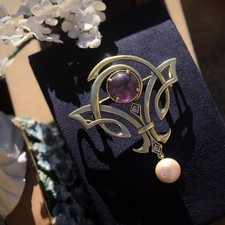 Collier Pendentif Broche Doré Amethyst Violet Perle Blanc Art Nouveau Style SB38