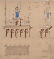 Original drawing 19th century, Paul Raffet architect in Tours, project of an altar