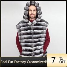 New Men's Real Rex Rabbit Fur Gilet Hooded Chinchilla Colored Waistcoat Fur Vest