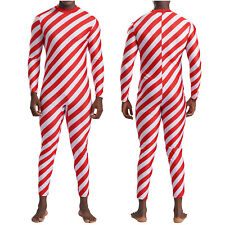 Men's Christmas Costume Candy Cane Striped Leotard Jumpsuit Long Sleeve Bodysuit