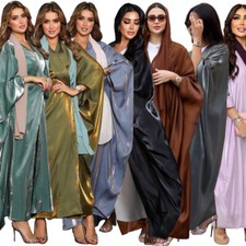 Satin Open Abaya Muslim Dress Dubai Islam Women Kimono Cardigan Robe Middle East