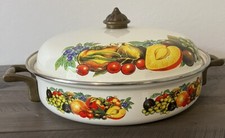 Vintage Master Cuisine 10" Porcelain Enamel Buffet Server Dish Brass Fruit