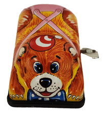 Vintage 1960's Yonezawa Tin Litho Wind Up Teddy Bear Pink Suspenders Toy Japan