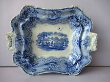 Rare Assiette Serveuse Carrée Vista Blanche Et Bleue En Fer Émaillé Antique