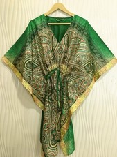 Pure Soie Robe Tunique Caftan Midi Caftan Femme Haut Imprimé Beige KFNM1370