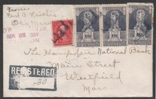 US 628 (3) stps & 2 cts Washington stp on Registered Cvr, Otis to Westfield, MA.