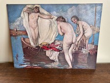 Antique painting engraving Fernand Allard L’Olivier (1883) nude female boat