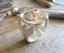 Chevalière argent massive ronde 4 griffes avec pièce or 20 Francs Napoléon III