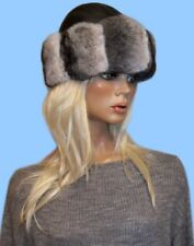 New GENUINE CHINCHILLA AND BLACK LEATHER FUR HAT 21-23 inch