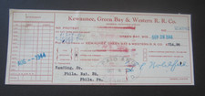 1944 - KEWAUNEE GREEN BAY & WESTERN RAILROAD Co. - Bank Check Document - WISC.