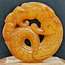 Pendentif ancien poisson et dragon en jade Hetian Nephrita China Craft #11L2