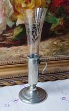 ANCIEN SOLIFLORE VERRE DÉCOR VOLUTES AU POCHOIR ET MÉTAL 