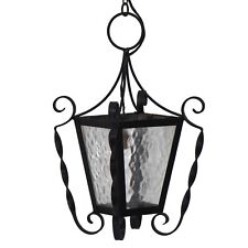Suspension Lanterne Ancienne en Fer Forgé & Verre Lustre vers 1960