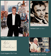 Lot of 4 AUTOGRAPHS - TONY CURTIS, HERBERT LOM, CURD JÜRGENS, JEAN MARAIS CoA