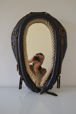 BRUTALIST MIRROR ANTIQUE LEATHER & ROPE FOLK ART DEBUT XXth