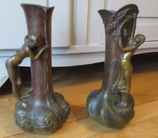 Art Nouveau Stunning 2 Vases A by Raudery Nymph Art Deco Ruler Patina Bronze