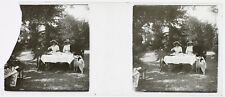 Family Table Garden c1920 Photo Glass Plate Stereo Vintage Broken Glass