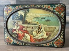 Ancienne Boite Tôle Lithographiée Orientaliste prince Arabe fumant la chicha