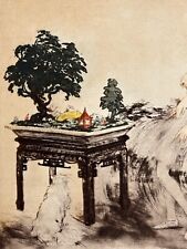 Ancienne estampe portrait élégante Le jardin Japonais Louis Icart art déco