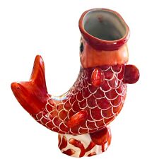 VTG Porcelain Coral Orange Koi Vase Big Mouth Fish Asian Oriental Vase 10" Tall