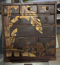 Antique Japan Meiji Period Jewelry Cabinet / Chest, Bamboo Leaf Lacquer