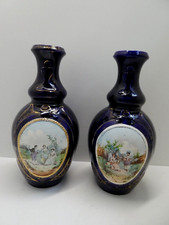 ANTIQUE CONTINENTAL VICTORIAN PAIR MANTLE VASES COBALT BLUE   CLASSIC SCENES