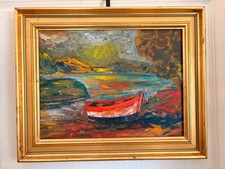 Tableau Peinture Huile Expressionniste Marine Bateau Pèche Rivière Mer Lac