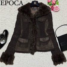 EPOCA Fur and Knit-Panel Mouton Jacket Brown Nylon Size L Authentic