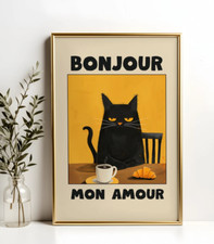 Poster Le Chat Noir Yellow Bonjour Mon Amour Black Cat Poster, gift for fans