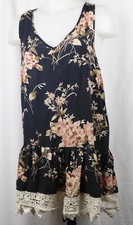 Bo-Bel Navy Blue Floral Tunic Tank Top with Lace Trimmed Ruffle Hem  L