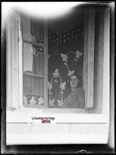 Woman, window, photo old glass plate, black & white negative, 9x12 cm