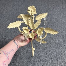 Vintage Ivory/Yellow Tole Metal Flower & Leaves Wall Hook with Dangling Crystals